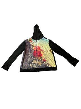 Coldwater Creek Floral Velvet Hoodie Jacket Black & Multicolor Full-Zip Large